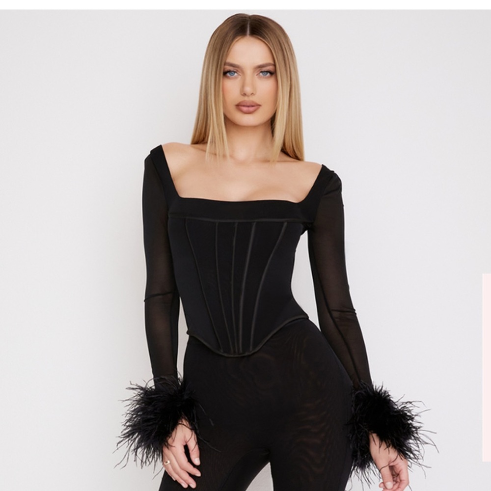 House of CB Stella Black Mesh Feather Trimmed Corset in size XS
